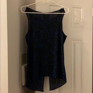 Sheer dark blue floral tank with open slit in back